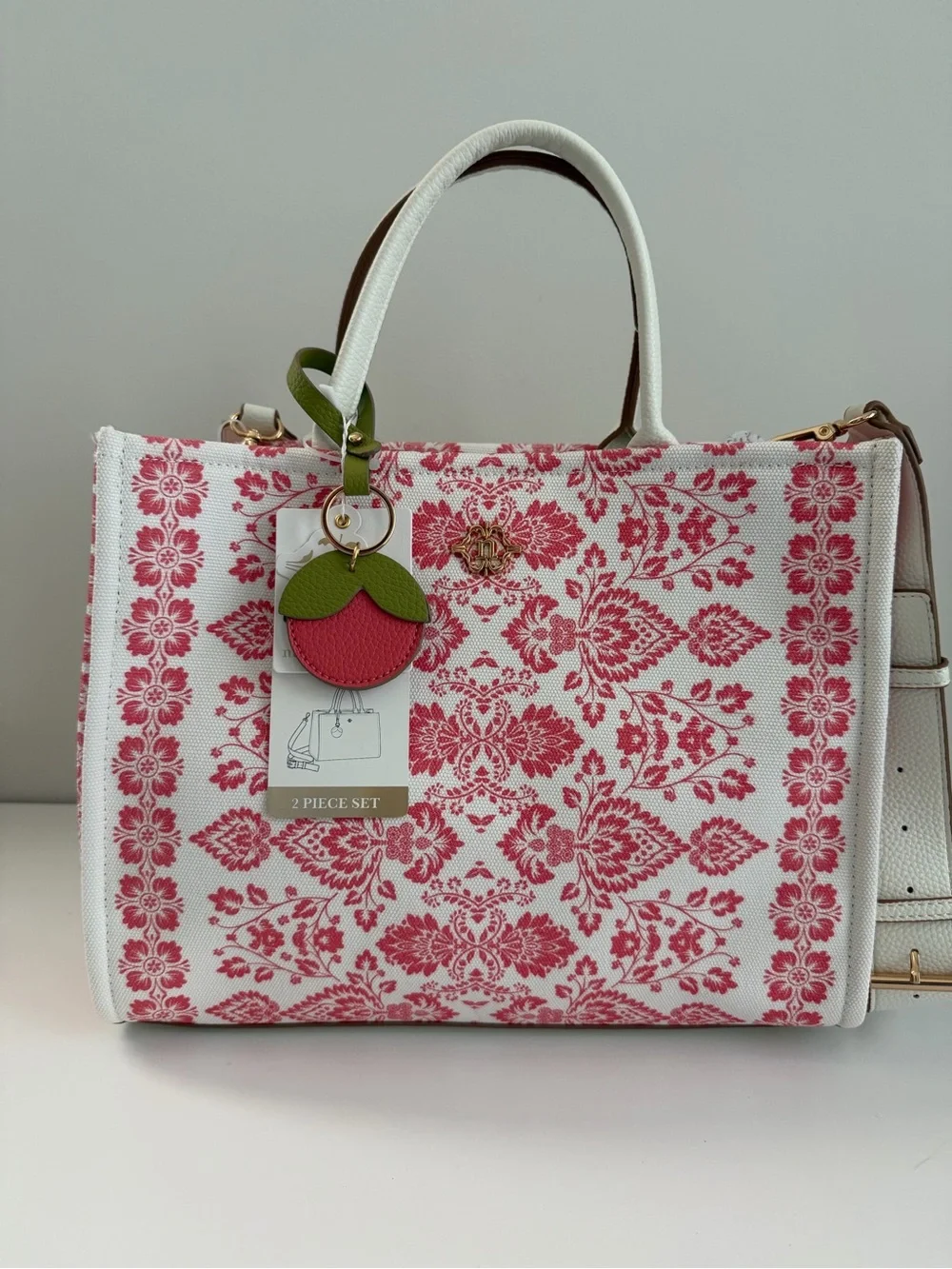 Floral Jacquard Tote Bag with Cherry Charm - White & Pink